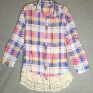 UMGEE Buttery Soft Comfy Long Line Tunic Top w/Lace Trim Pearl Buttons 2 Pockets